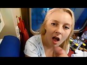 Adorable chubby blondie does a super-cute blowjob in a train